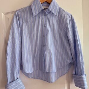 Blue Striped Cropped Button-Up Shirt